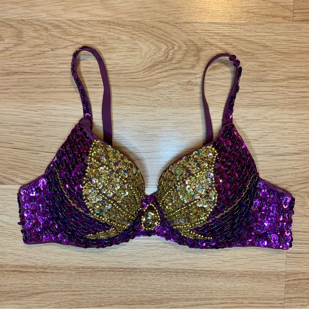 purple and gold beaded sequin Mardi Gras carnival bra (34 A/B)